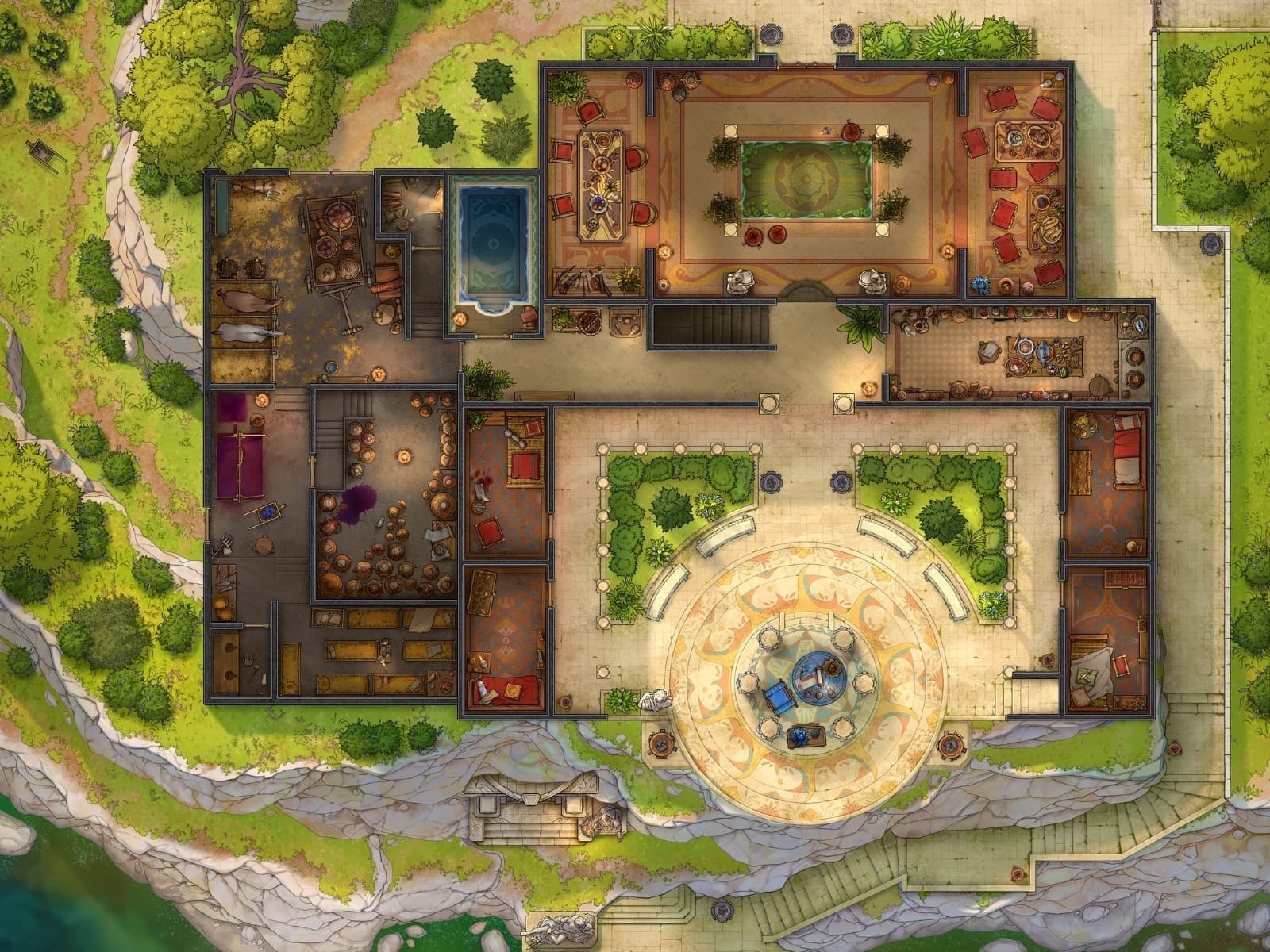 A villa with many rooms, levels, and courtyards.
