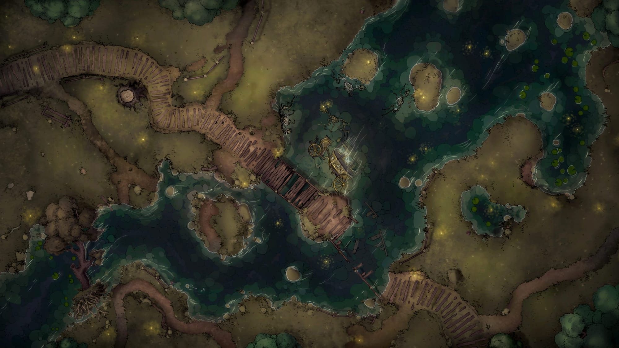 Immerse yourself in the hauntingly beautiful landscapes of the Banshee Moor map pack. Wooden walkways traverse a mysterious swamp adorned with a meandering river and an eerie bridge. Witness the ethereal glow of golden fireflies and the enigmatic sight of an overturned carriage amidst the murky waters. With variations like "Haunted" and "Snow," you can set the mood for your adventure and let the Banshee Moor's secrets unfold in your campaign.