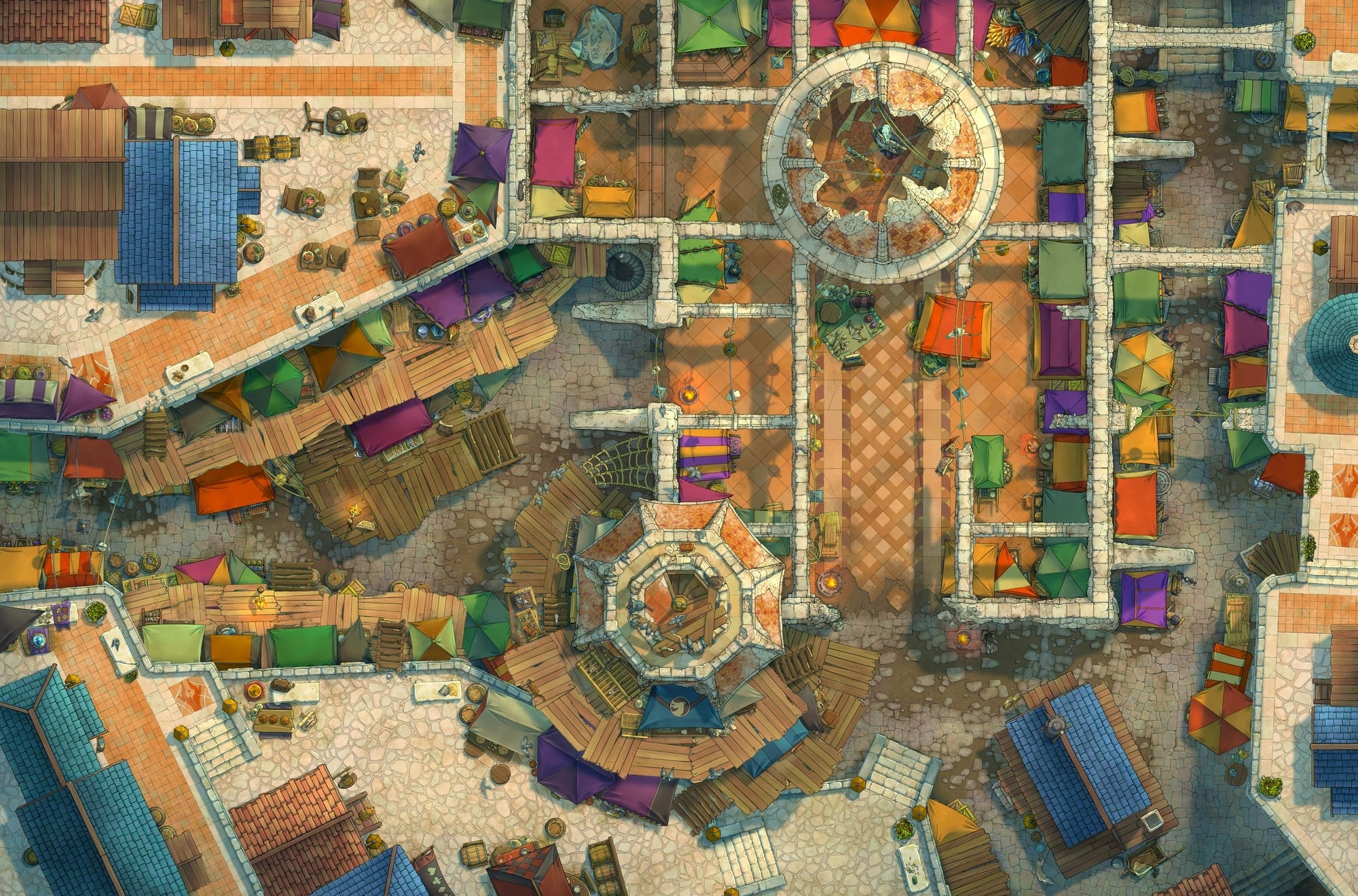 Packed city alleyways with market stalls with colorful tents. There's stairs and terraces on the sides of the map that go up to the upper levels of the city.
