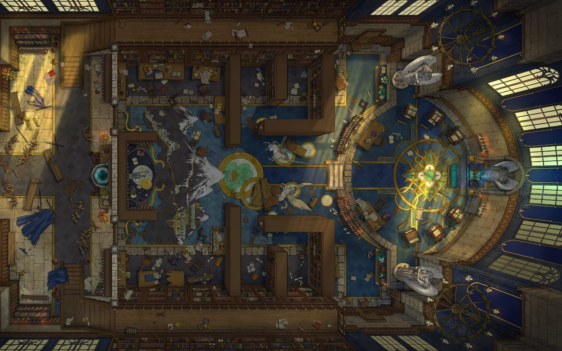 The interior of the Celestial Chapel, this map shows the interior ravaged by plague and madness with messy bookshelves and things strewn all about in the massive chamber.