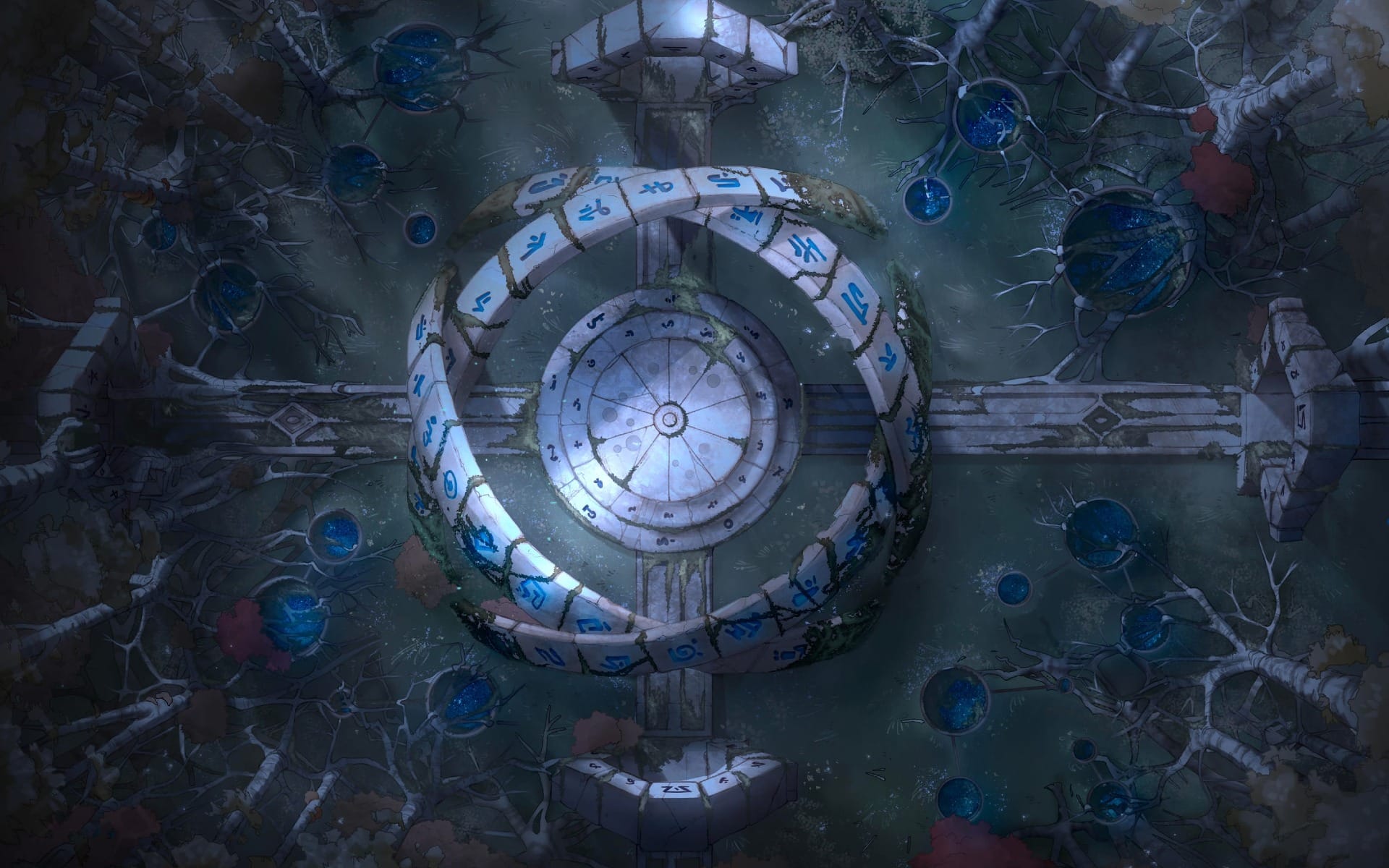 Beautifully crafted arches adorn a celestial exterior. A central round dais, pools of magic, and glowing runes and symbols create an otherworldly ambiance.