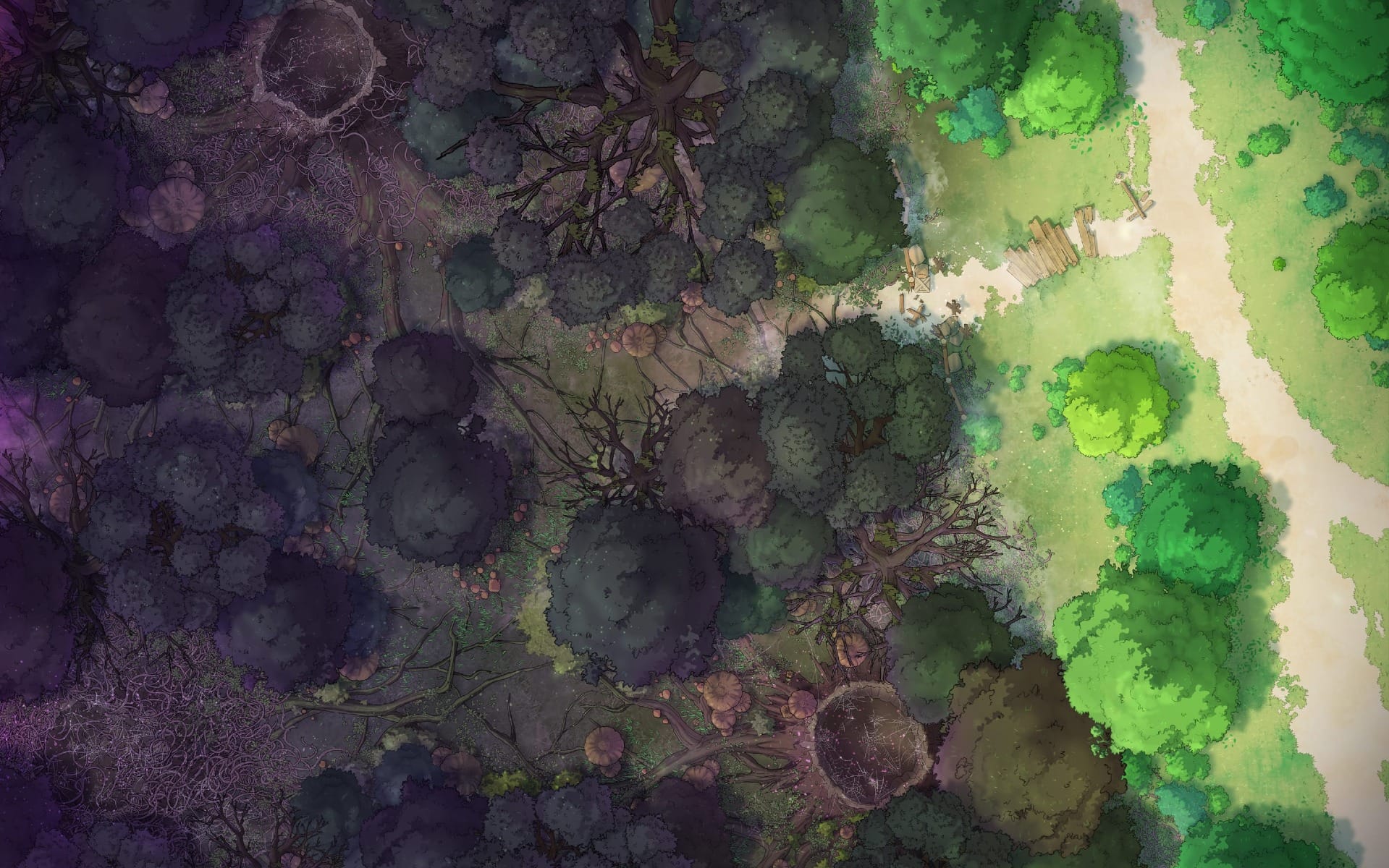 Dark forests are a staple of fairy tales and dangerous adventures. In this map pack, a bright forest path leads intrepid travelers into a foreboding and eerie woods filled with creeping roots, decaying trees, mushrooms, and treacherous paths. Within these shadowed woods, your players might find a hidden sanctuary or their death. Task them with deciphering ancient runes etched into the forest's heart or have them confront the eerie spirits that haunt the woods. This map is perfect for creating an atmospheric and creepy encounter.