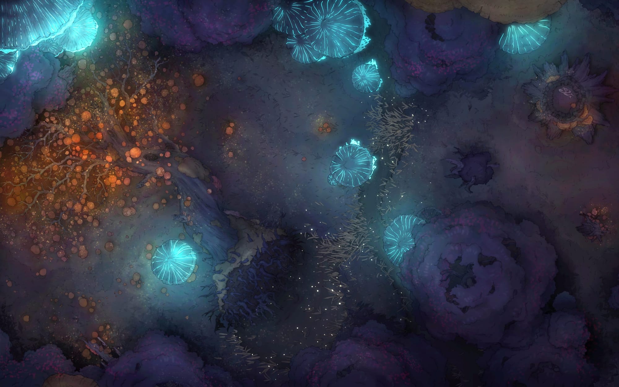 Deep forests can seem peaceful and calm, or they can be dark and scary. With towering trees, mushrooms that glow in the dark, and no clear paths, use this for travel encounters where you want to show a corrupted forest.