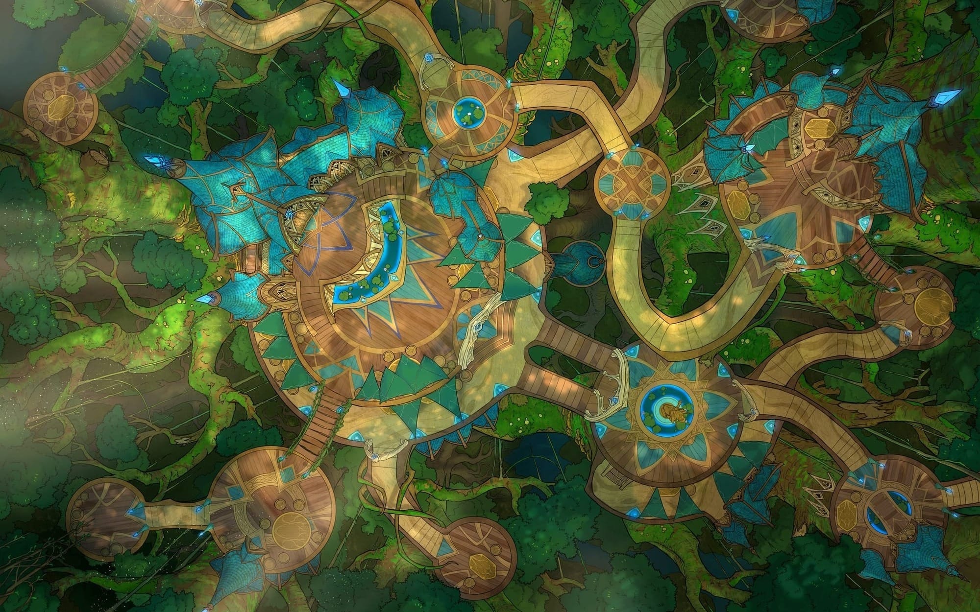 Use this treetop walkway village for fairies, sylvan, or other fey creatures like Wood Elves or a Dryad Collective. Unlike the orderly roads down on the ground, this village features gnarled, curving branches the twist over and under themselves. 