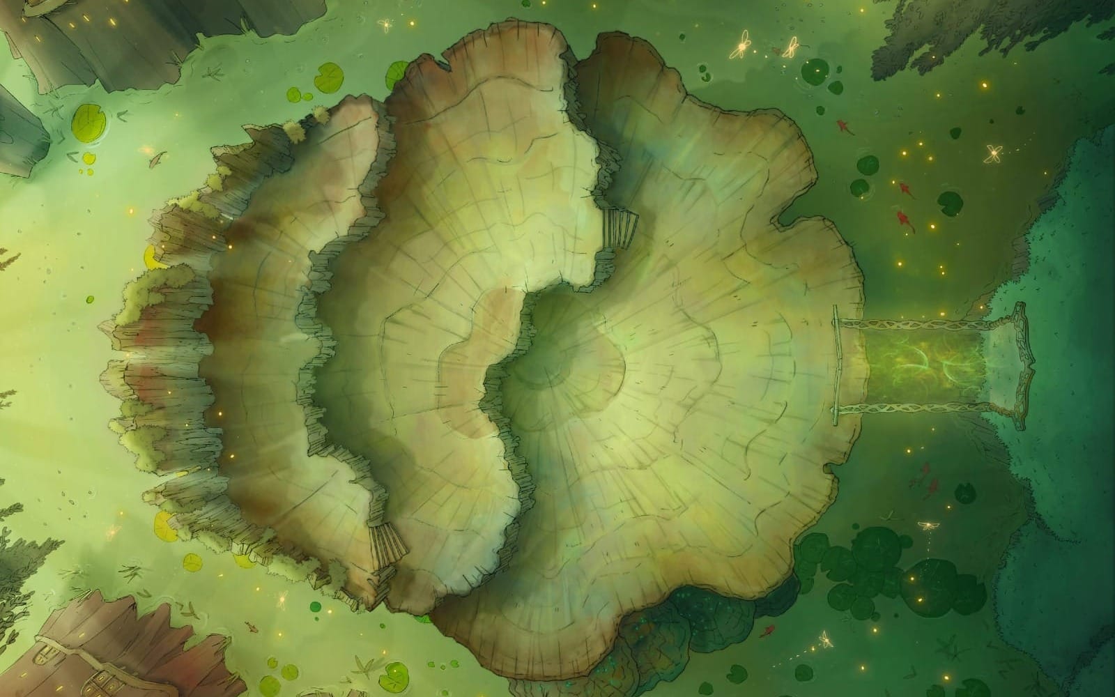 Magic, mystery, and mischief can be found in this fey village. Anything can happen on this map which depicts a huge, beautifully tiered tree trunk with stairs and a bridge. Has your party has knowingly sought out the fey or have they accidentally stumbled onto a new plane? Will they meet royalty in the throne room? Or has death come to this village? Take your party deep into the mysterious fey lands and use the variations to respond quickly to any chaos your party (or the fey) might create.