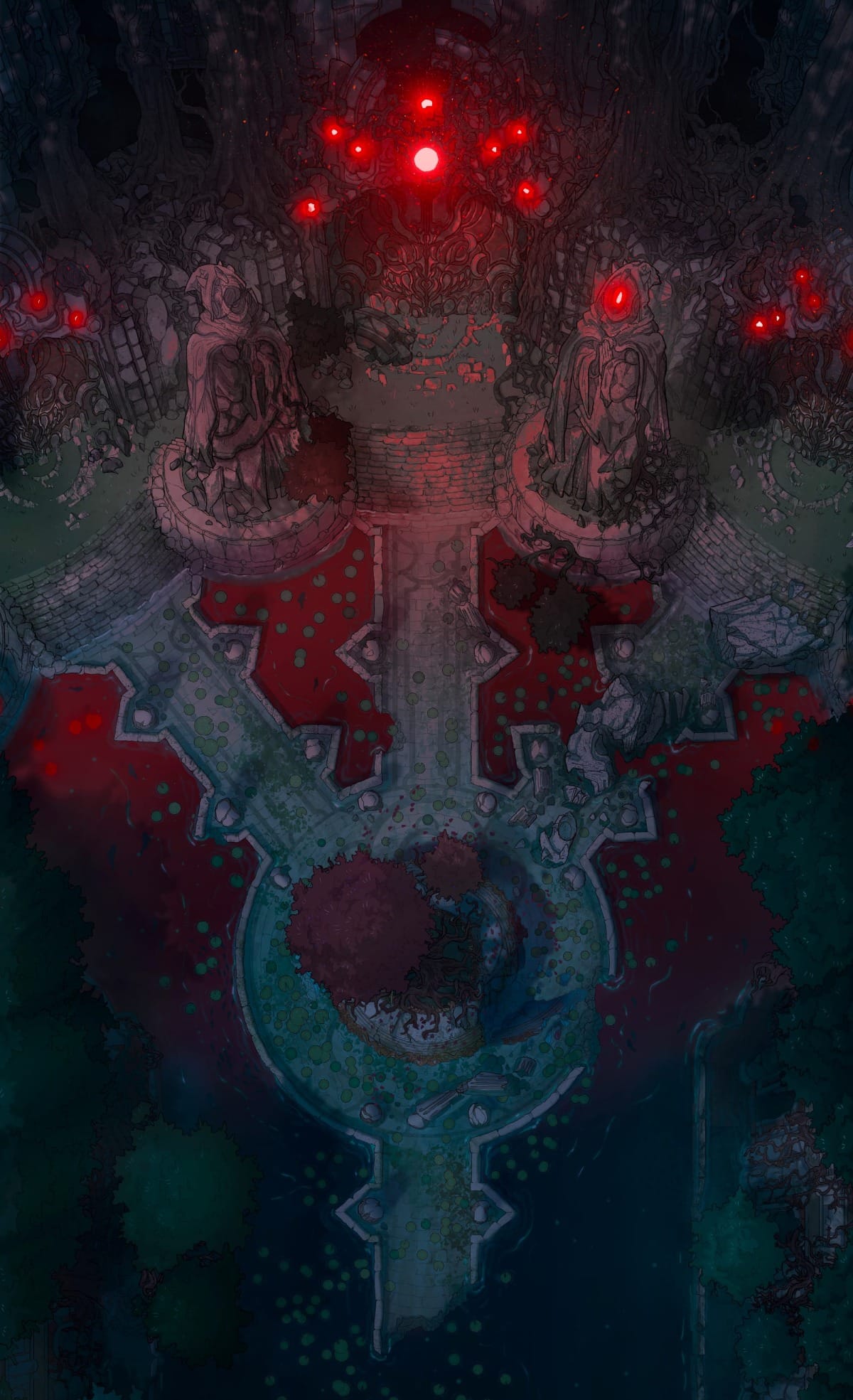 A forgotten fey temple amidst lush forest ruins, now partially submerged. Stone bridges connect statues, walkways, and temple, while the waters teem with mysteries. 