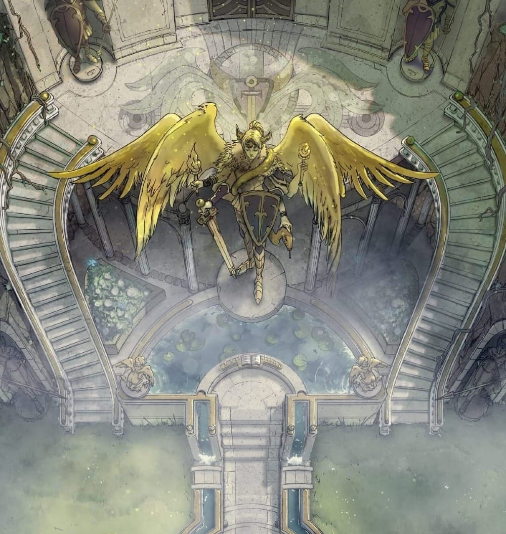 This temple exterior setting is adorned with statues, fountains, and headstones, including an iconic many-winged angel statue.