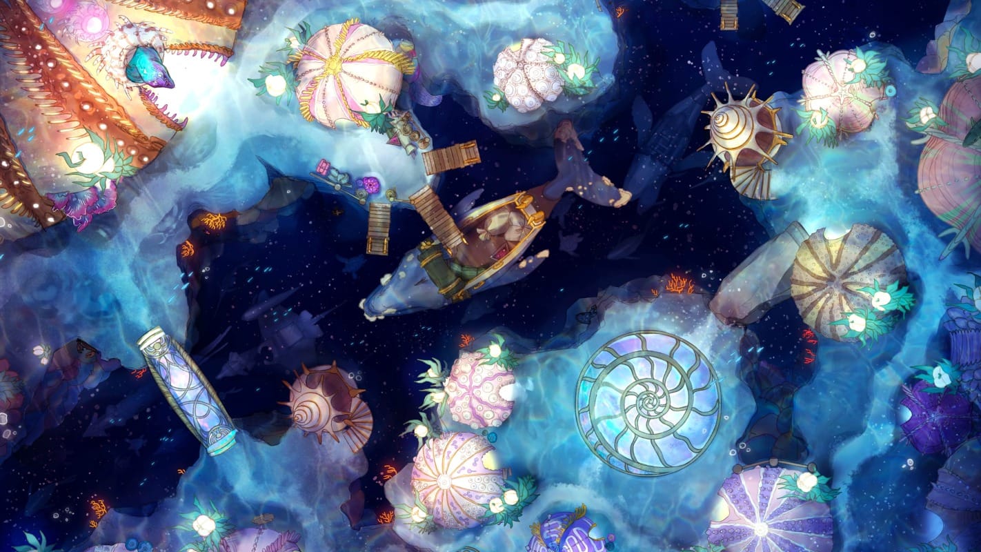 Admire the intricate mother of pearl inlays, take shelter in the giant sea-urchin houses, and set sail on the graceful whale boats. Marvel at the majestic gorge that leads to the unfathomable depths of the ocean, all while swaying kelp dances in the underwater currents.