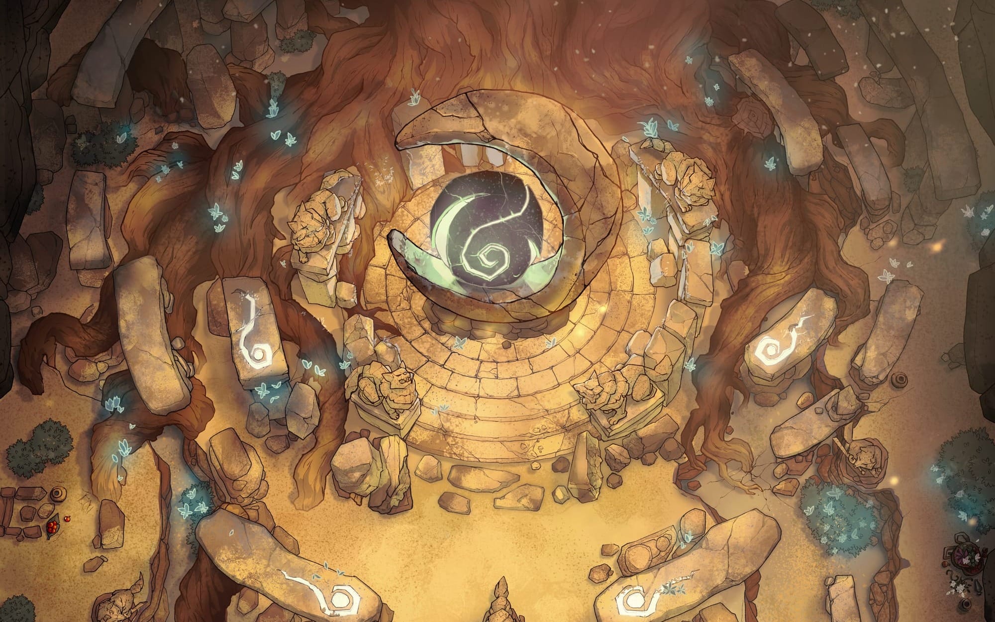 Mysterious Druid Grove is a place where nature's magic is at its strongest. Illuminated by dappled treelight and glowing glyphs, this grove is sacred to druids, elementals, and those who call upon the forces of nature. It’s a place of power, healing, and ancient wisdom.