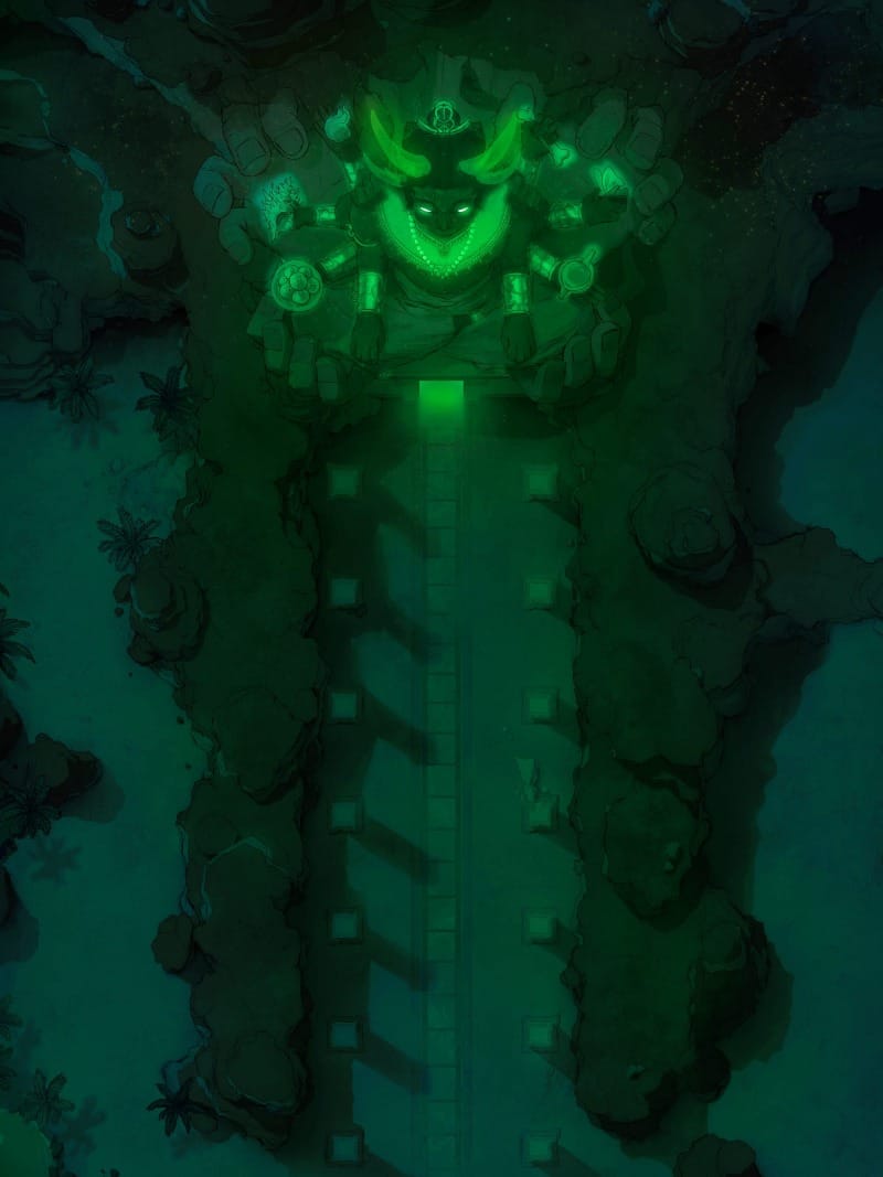 A many-armed statue in the heart of a desert landscape is flanked by ancient columns. As you venture closer, you'll find an entrance into the unknown, marked by the eerie presence of the statue. 