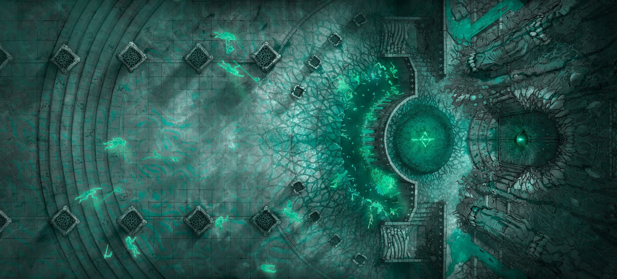 This nightmarish cave is where eldritch powers, malevolent eyes, and blood-soaked temples await. Columns flank the pathway to the blood-soaked stairs and the horrifying doorway. Delve deep into the nightmare abyss.