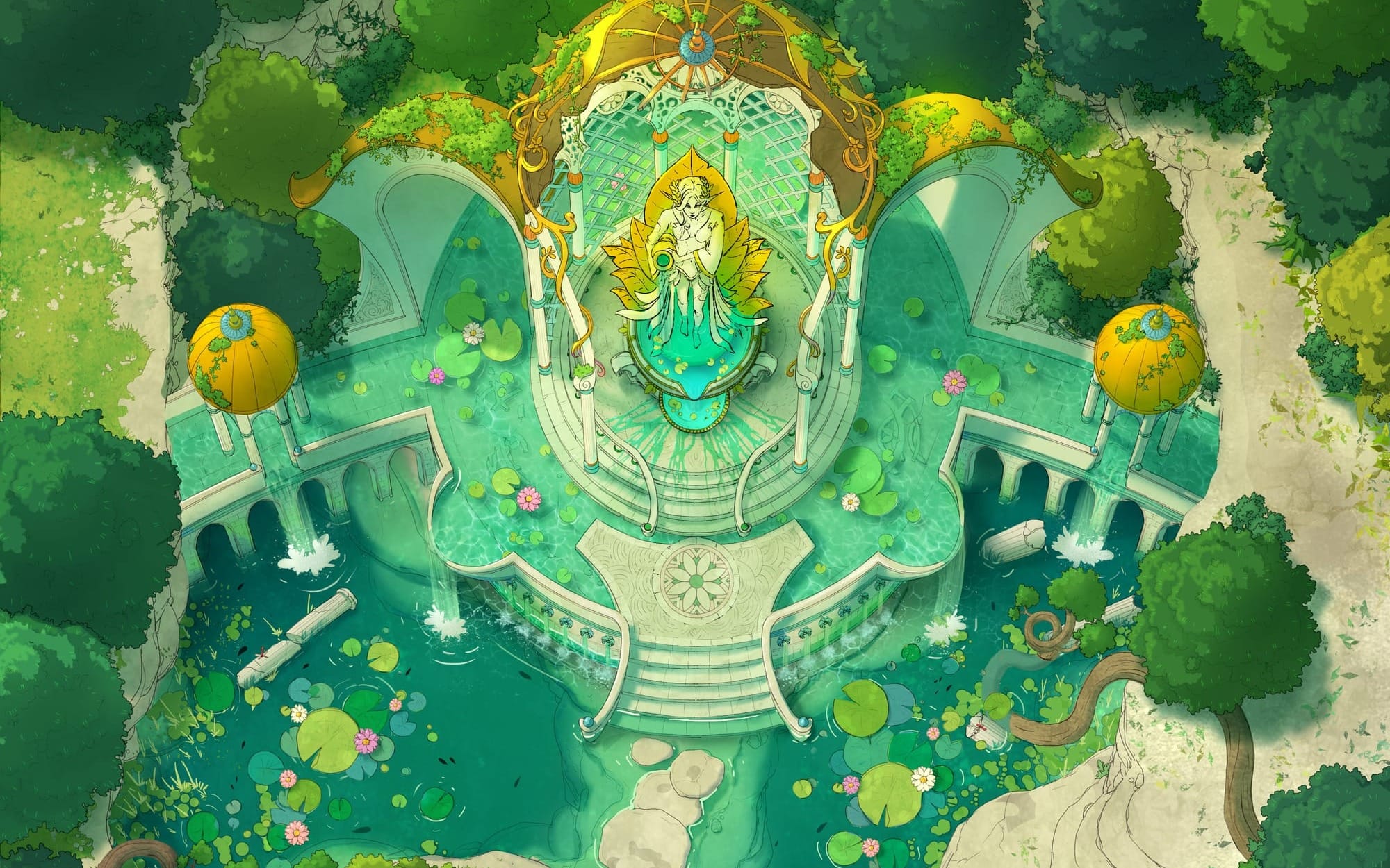 Transport your players into the tranquil rural landscape of the Nymph Fountain map pack where nature and the divine converge. Amongst the serene forest your players will find a shrine adorned with golden-domed buildings and delicate statues. Stone paths guide your way across tranquil lily pads.