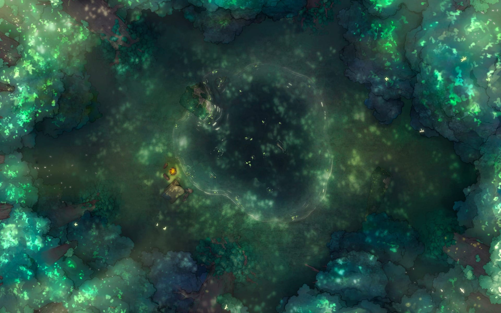 This gorgeous overgrown forest with a perfectly placed clearing is ideal for fey encounters, meeting mysterious NPCs, or combat with the denizens of the surrounding forest. Anything can happen in this ancient forest. Whether you need a deep pond, glowing mushrooms, or a fairy ring, the you'll find what you need in this pack. Lure your players into a sense of calm at this perfect camping location. Or have them meet the guardian who lives here. Use the seasonal variants when your party revisits this clearing. Who knows what mysteries lurk in the undergrowth.