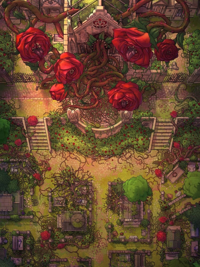 An overgrown crypt lies beneath a canopy of vicious, thorn-covered vines. At its heart lurks the fearsome Rosehydra, a monstrous beast with heads like giant, bloodthirsty blooms. The crypt itself offers multiple variations, functioning as a traditional graveyard or as the lair of the hydra. Players may be called to investigate the crypt, hired to eliminate the growing threat of the plant-beast, or perhaps even caught in the middle of a ritual to summon the Rosehydra’s full wrath. With its ominous beauty, this crypt is a place where nature and necromancy entwine in deadly fashion.