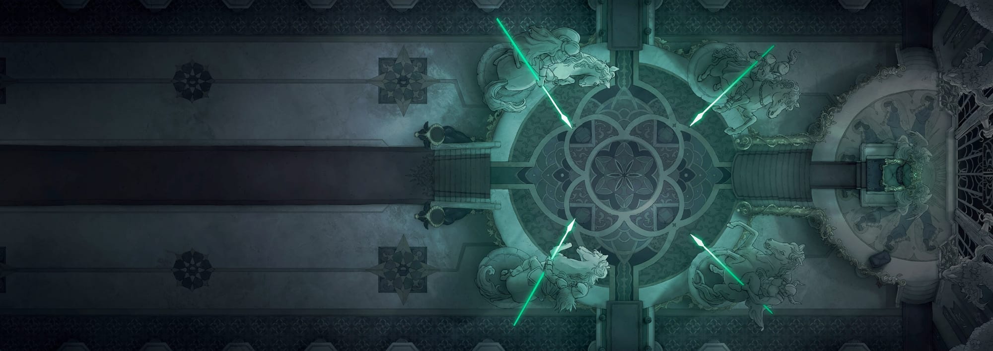 Add gravitas and opulence to your world with this gorgeous throne room. The hall is decorated with expensive tapestries, finery, and great statues of heroes past. Your players will have plenty of time to think as they walk the long carpet to the thrones. Will a fey trick open a portal under their feet? Or are their plans to meet the rulers thwarted when they arrive in a blood-stained room?