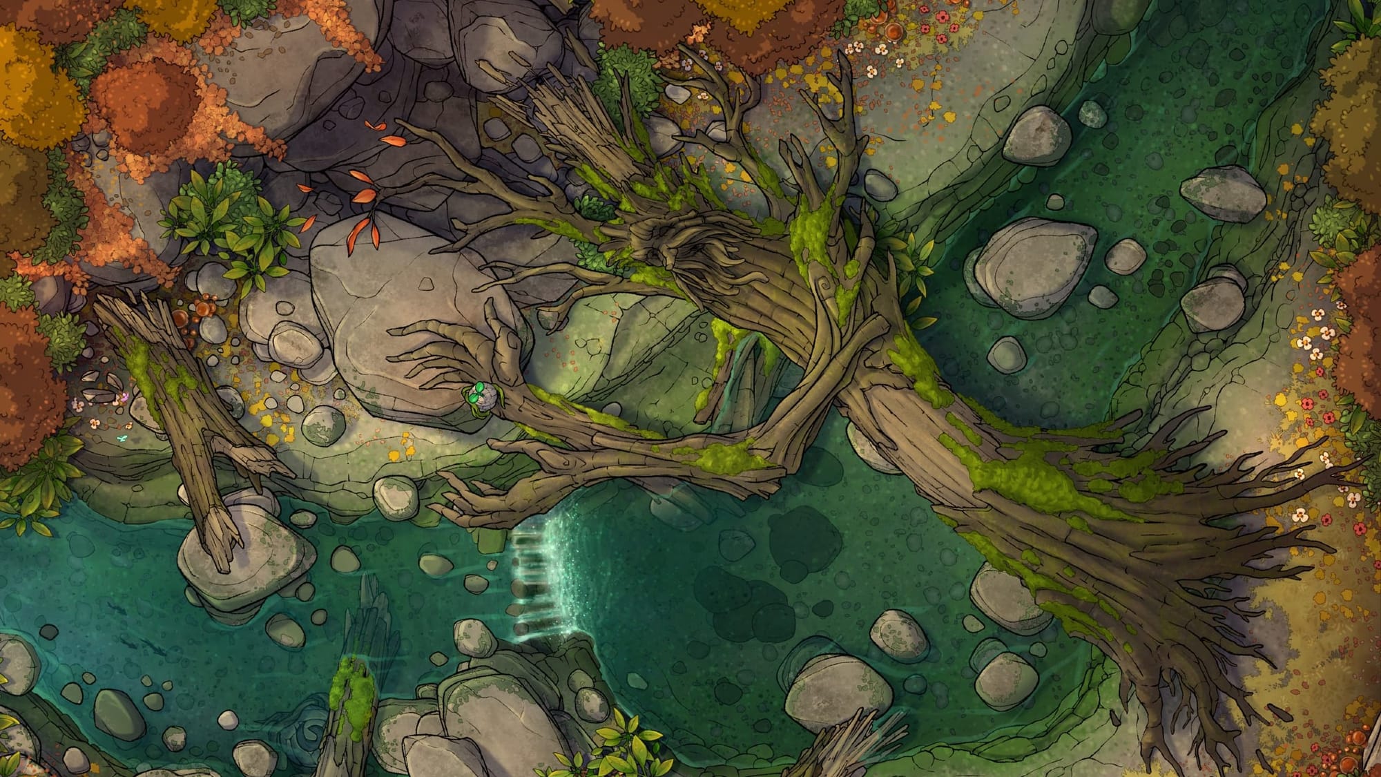Wander into this quiet autumnal forest, where the leaves have turned gold and crimson. At its heart rests a fallen treant, still cradling a tiny seedling in its hands. Your party might feel compelled to continue the treant’s mission, carrying the seedling with them and discovering what might grow from it. Perhaps it holds a spark of magic, or maybe it draws the attention of curious forest creatures—or something darker. Whether your adventurers pause to honor the treant or set out on a new journey, this map invites quiet reflection and the start of unexpected stories.