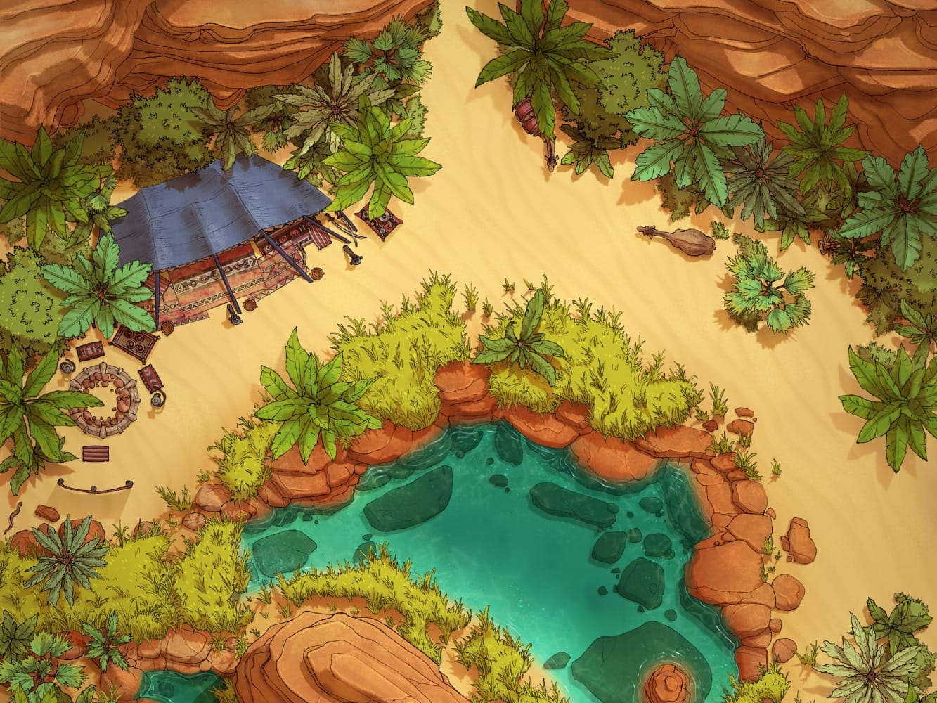 Enjoy this calm and sun-soaked Desert Oasis - a quiet, shimmering pause in the middle of a long and dangerous journey. This maps focuses entirely on that one precious place where water meets sand, where travelers might finally rest beneath a few lonely palms. The camp here is small, temporary - just enough to suggest that someone’s found refuge.