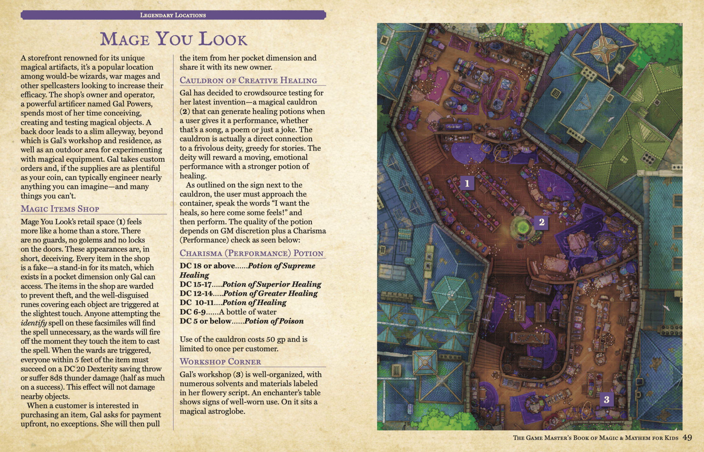 A two page spread from the book featuring the text of a fantastic location called "Mage You Look" on the left page and the right page is one of our battlemaps featuring a magic shop.