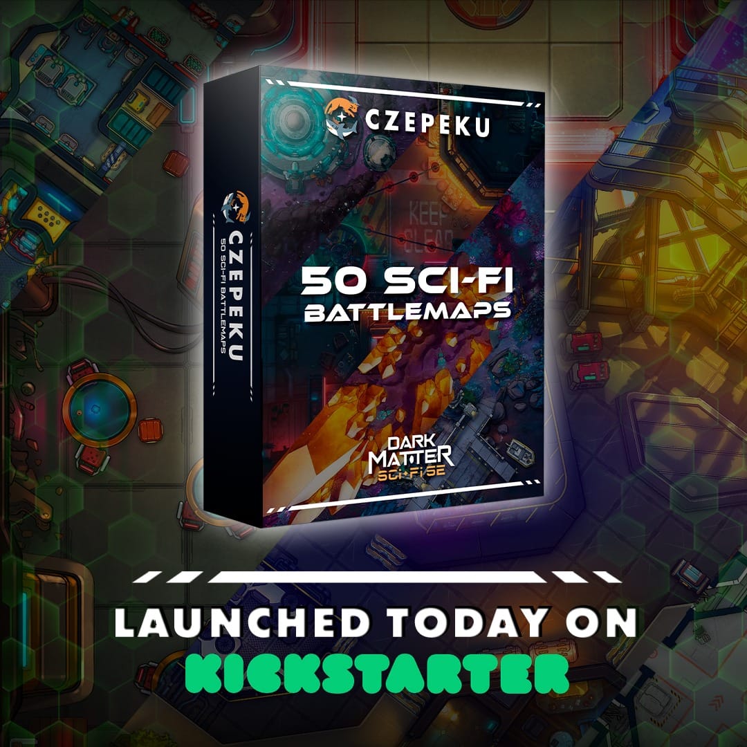 A promo graphic featuring a mockup of the slipcase for the 50 Sci-Fi Battlemaps collection of Czepeku maps, curated just for Dark Matter.