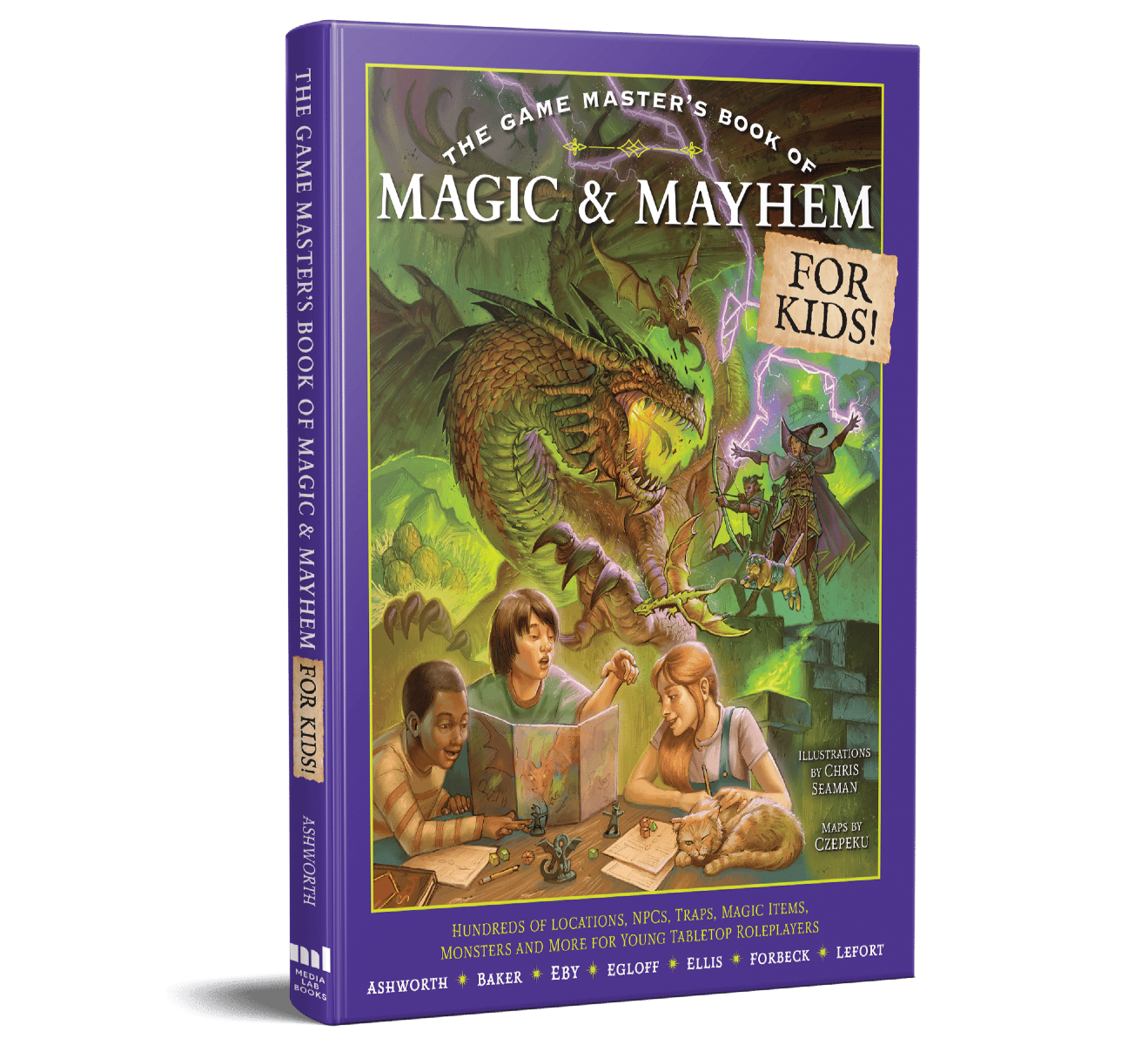 A image of the upcoming book, The Game Master's Book of Magic & Mayhem for Kids featuring a cover wiht a group of three kids and a cat at a table playing D&D. A fantastical scene of a battle between a dragon and heroes plays out in the background.