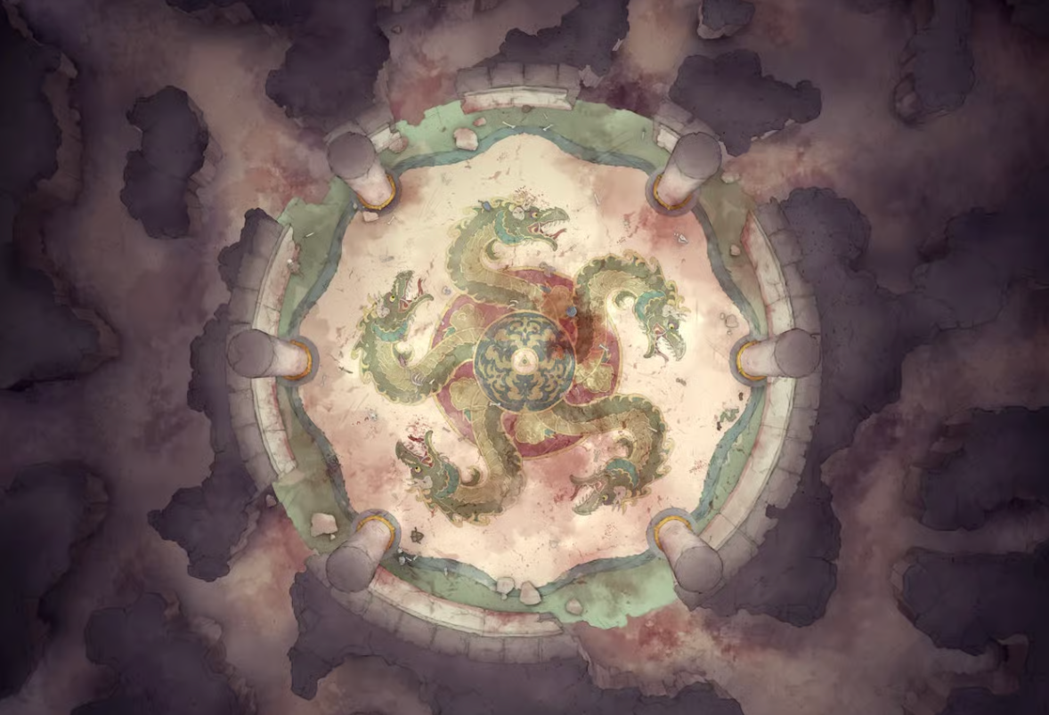 Top-down view of a cavern lair with jagged tunnels leading into a large central ceremonial chamber. On the floor is a painted mural of a ferocious five-headed hydra.