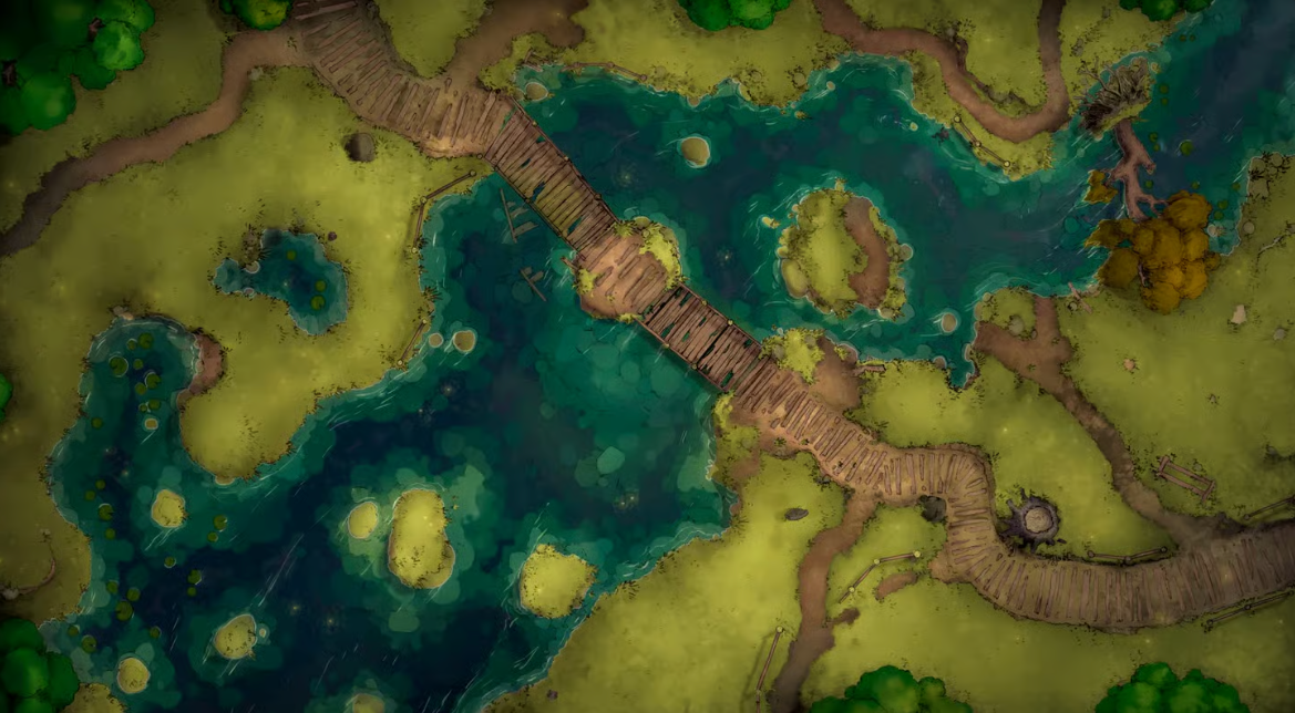 A lush swamp crossed by broken-down wooden walkways over a murky, meandering river.