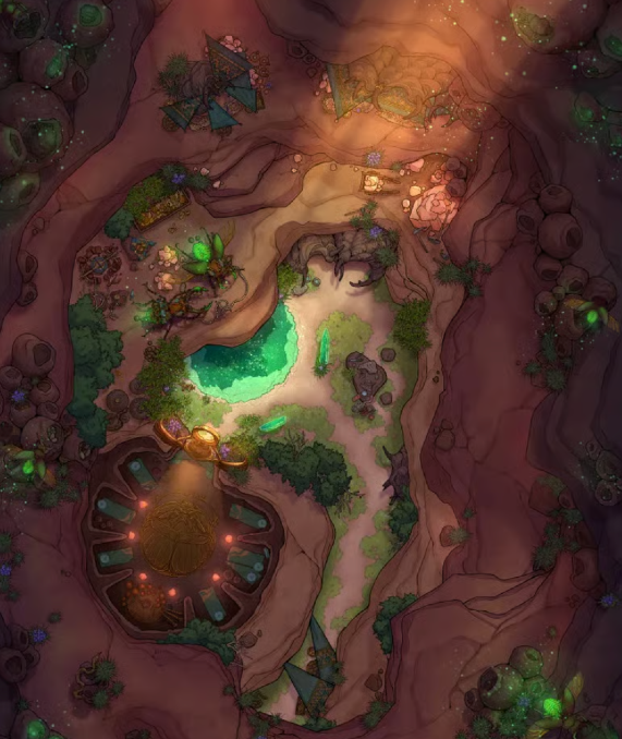 Top-down view of a small settlement in a sandstone cave, with small rooms and communal areas illuminated by green crystal light.