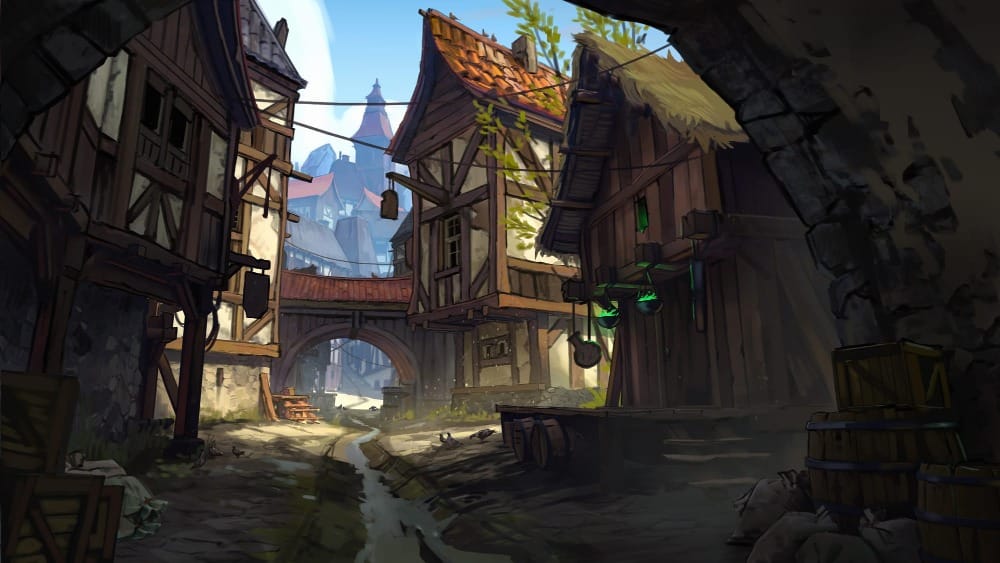 Street view of several ramshackle shanty houses in a medieval fantasy city.