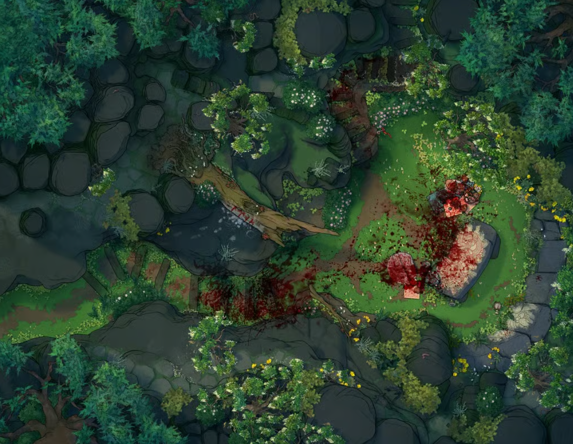 A stone altar in a beautiful forest clearing. It is splattered with blood and gore that trails up a winding path.