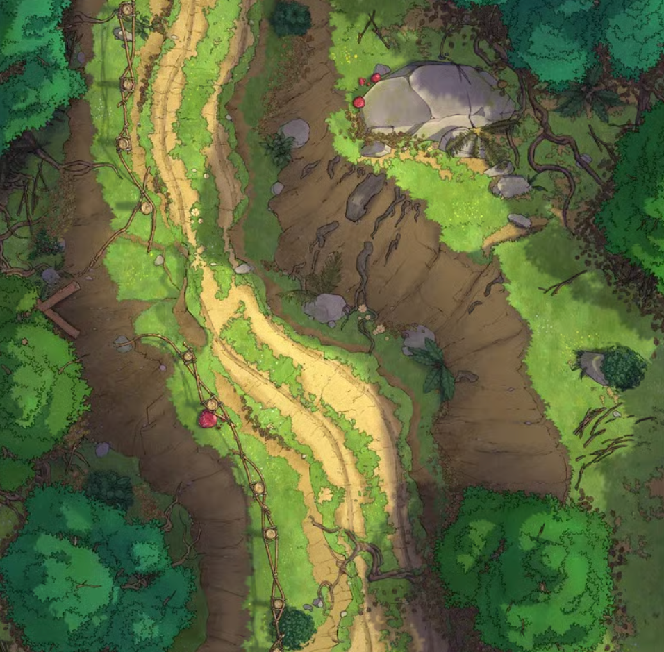 A forest path framed with gnarled roots and rocks, bordered by ledges leading deeper into the forest.