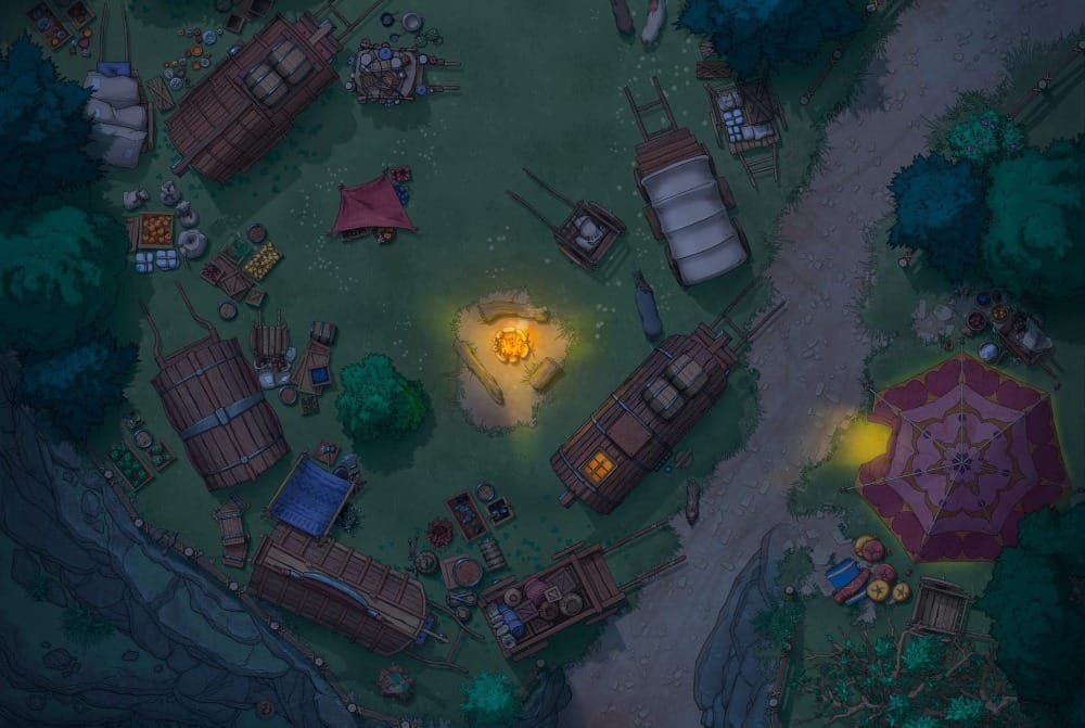 Top-down view of a forest clearing camp surrounded by several wagons, tents, and crates of supplies.
