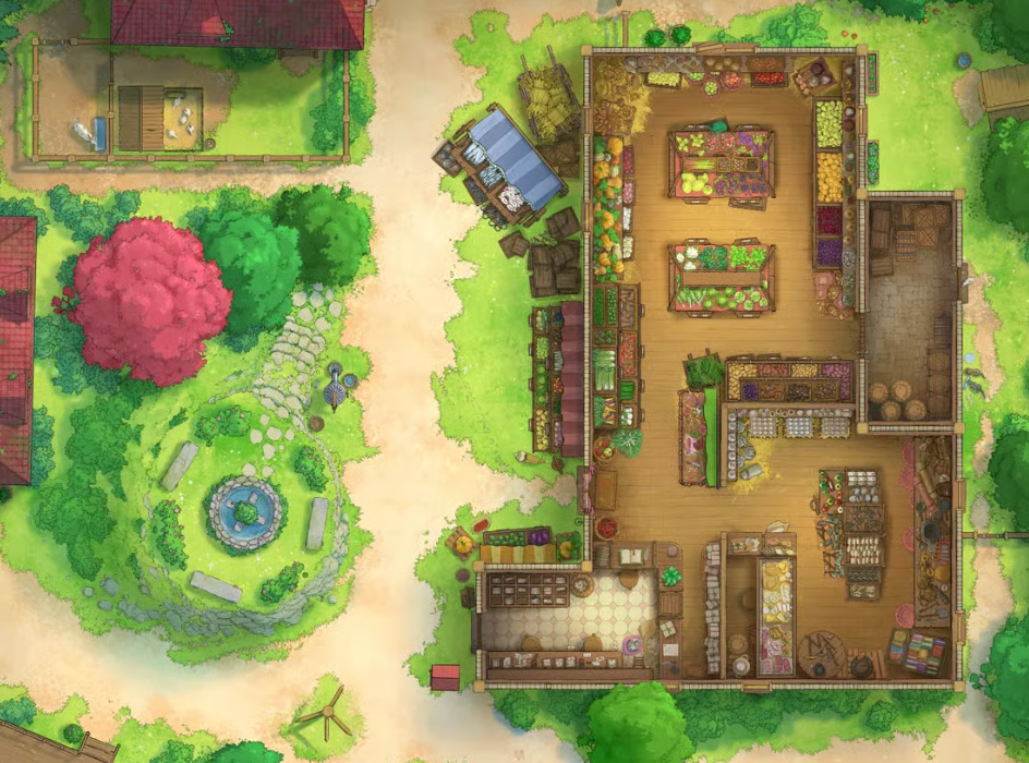Top-down view of a cozy general store lined with fresh produce. Outside the building is an idyllic village with clustered red-roofed homes and a gathering square with a fountain.