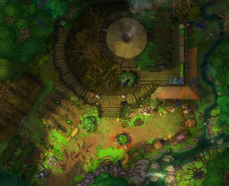  moss-covered woodland hut with smoke rising from the chimney, set beside a stream and surrounded by dense foliage.