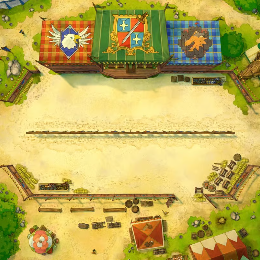 An open training yard decorated for a jousting tournament, with banners, obstacles, and event decorations