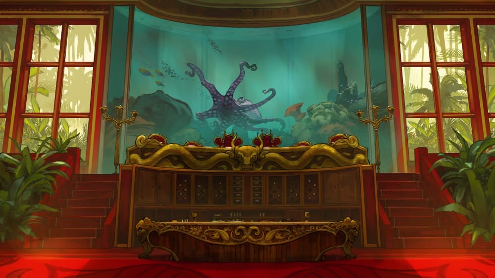 A grand banquet hall with tall windows and a floor-to-ceiling aquarium filled with sea creatures.