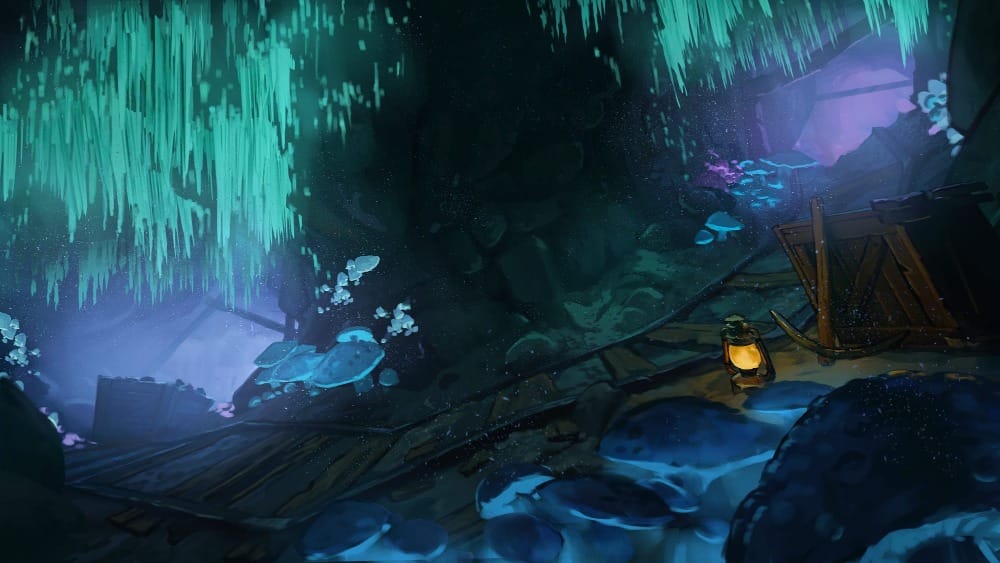 A vast underground cavern filled with bioluminescent fungi hanging from the ceiling and walls. Old mine tracks run through the cave, with a small lit lantern nearby.