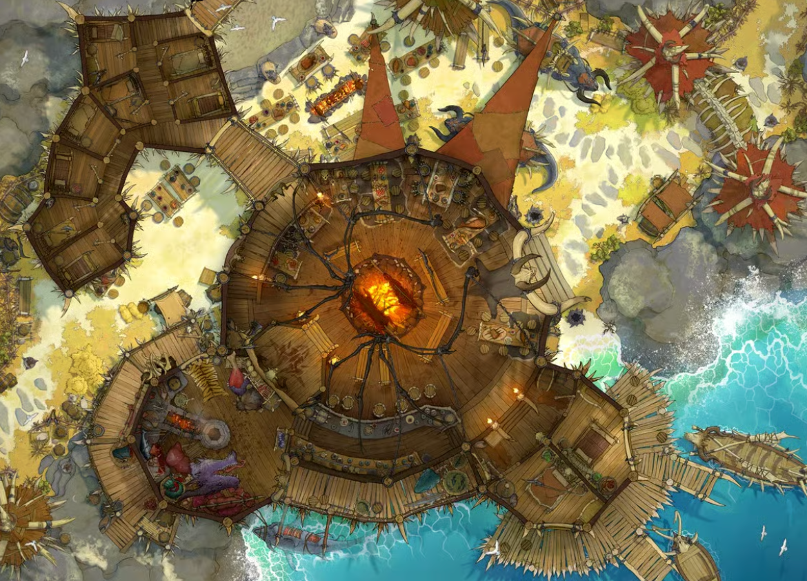 Top-down view of a large communal hall built with hide and bones on rocky shores, with long wooden tables and a busy kitchen area. Sleeping quarters extend from the main gathering space.
