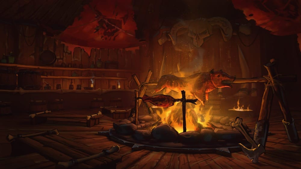 Interior view of a corner of the dimly-lit feast hall. A whole pig is roasting on a stick atop a large communal fire, along with other meats.