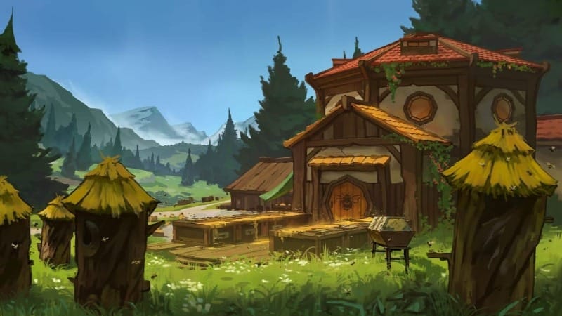 A cozy apiary with rows of wooden beehives set among lush grass and trees.