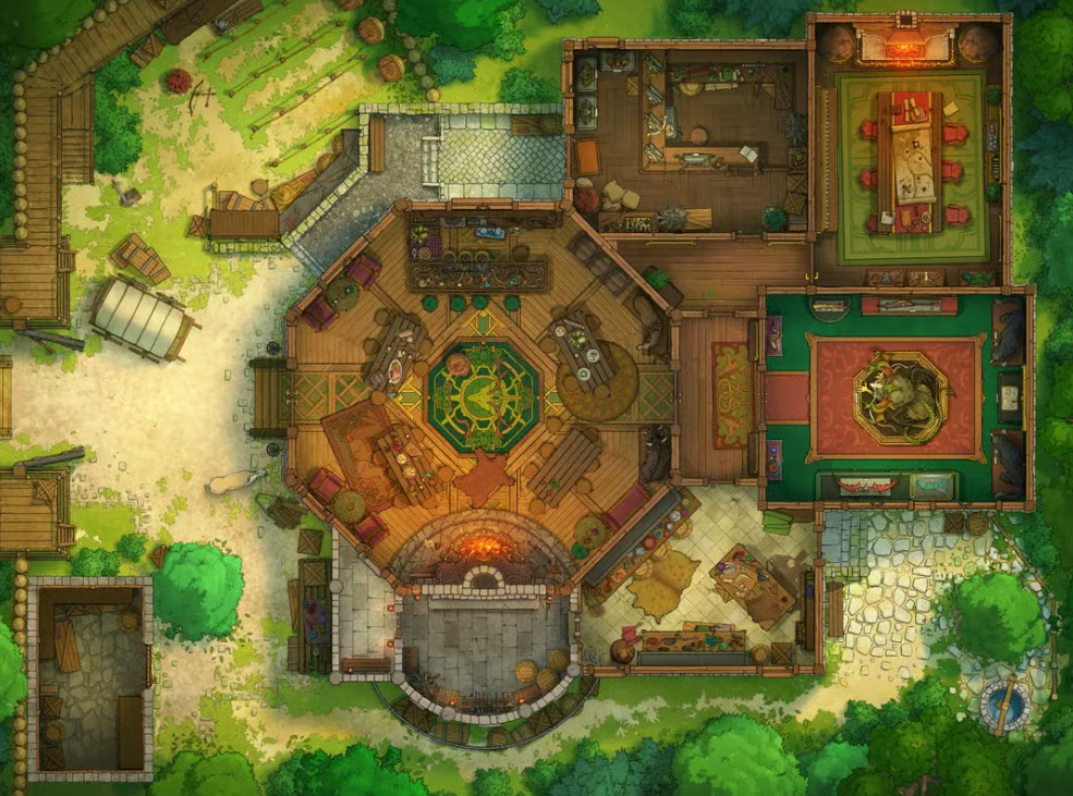 A timbered guild hall with workshops, a communal meeting area, a trophy room, and equipment shop.