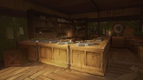 Interior shop counter packed with weapons, gear, and supplies