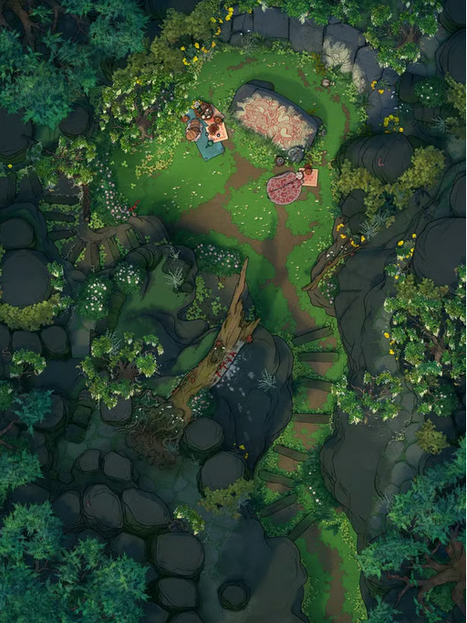 Top-down view of a small stone altar at the top of a hill. The area is cloaked in lush greenery, and there are piles of offerings set beside the altar.