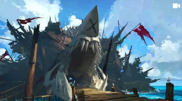 [Alt Text: A dock leading into the stronghold built from wrecked ships and skulls. The entrance is the open jaw of a massive shark’s skull.]