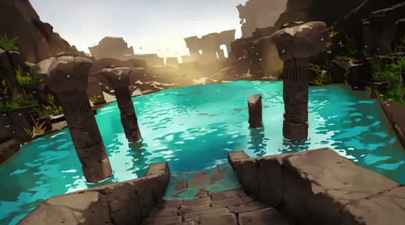 Stone steps leading down into clear blue water, with tall pillars and distant ruins in the background.