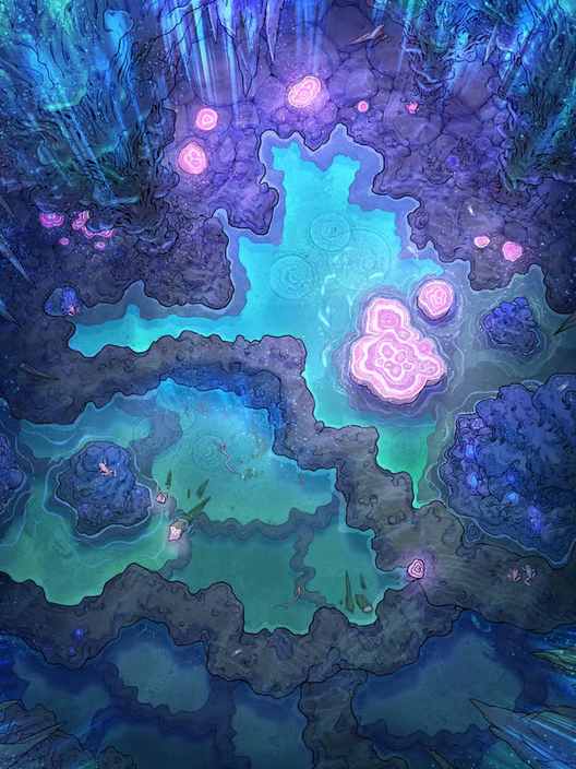 A series of crystal-lined rock pools, with pink rhodochrosite formations rising above the clear water. Bioluminescent fungi hang from the ceiling and stalactites.