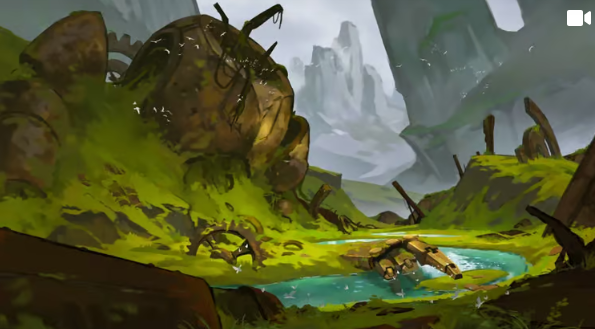 A vast scrapyard of towering metal debris and broken constructs, with the finger of a giant metal hand spanning a river.