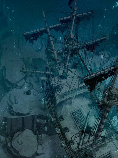Top-down view of a shattered galleon—with ragged black sails and broken decks—resting on the ocean floor in deep sea water.