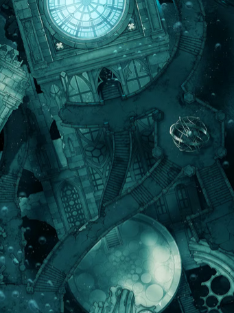 Top-down view of a submerged city’s ruins beneath dark water. Broken towers and scattered debris float around a large glowing central clock tower.