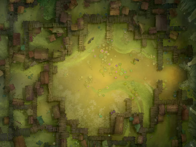 Top-down view of a swamp village built on wooden platforms above murky green water dotted with lilypads. Crooked bridges connect clusters of huts and tents in a labyrinthine sprawl.