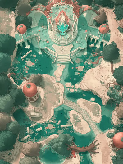 Top-down view of an ethereal open-layout shrine built over a teal blue lake, framed by a lush forest. Stone paths lead towards a central fountain and statue.